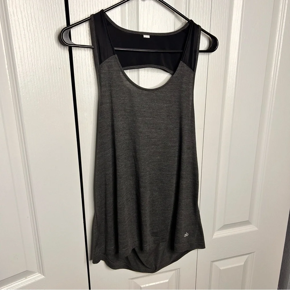 Alo Vapor Tank Charcoal Flec Black Gray Sleeveless Scoop‎ Open Back Size Small S
